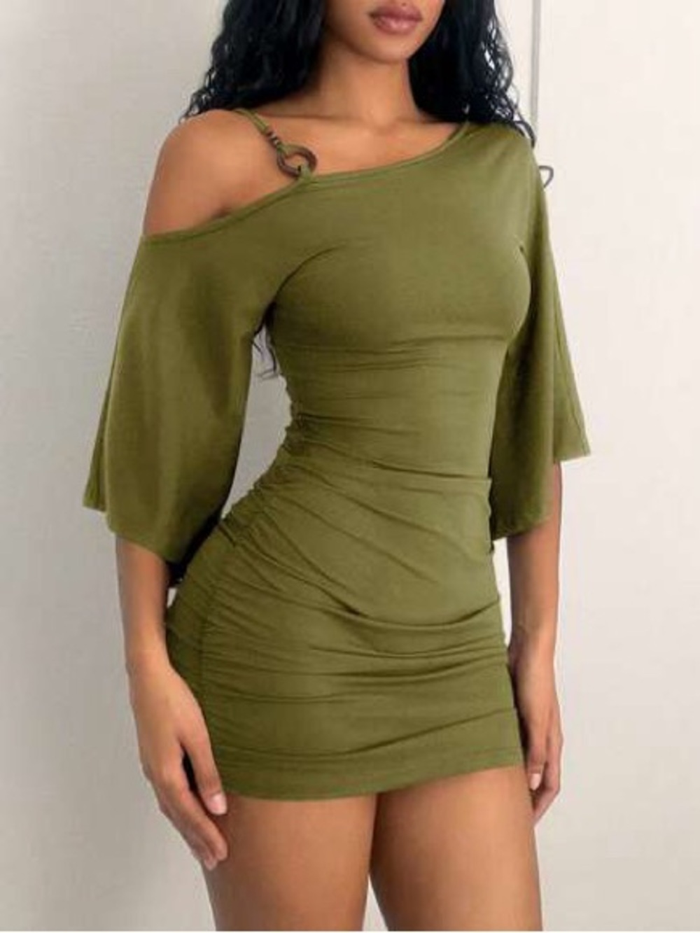 Asymmetrical Olive One-Shoulder Mini Dress with Ring Strap